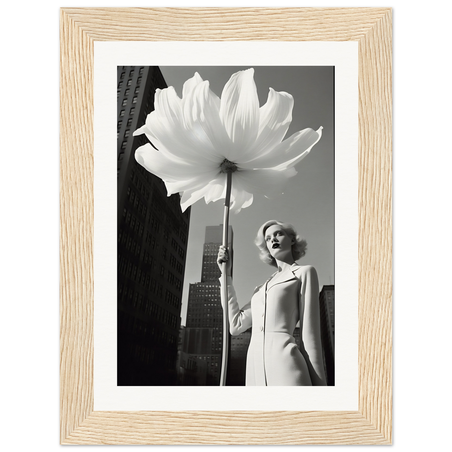 A woman holding a large white flower in front of a tall building