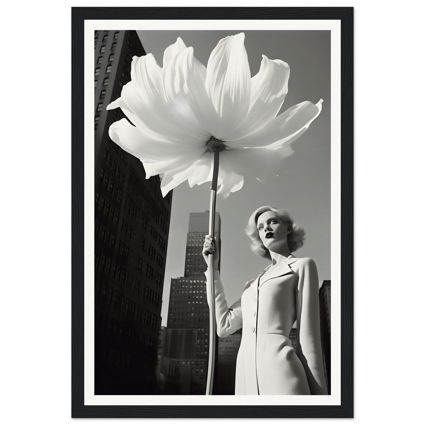 A woman holding a large white flower in front of a tall building