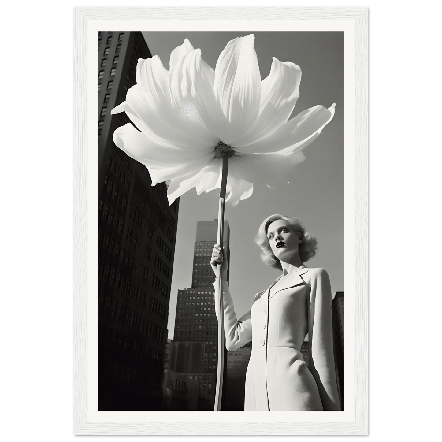 A woman holding a large white flower in front of a tall building
