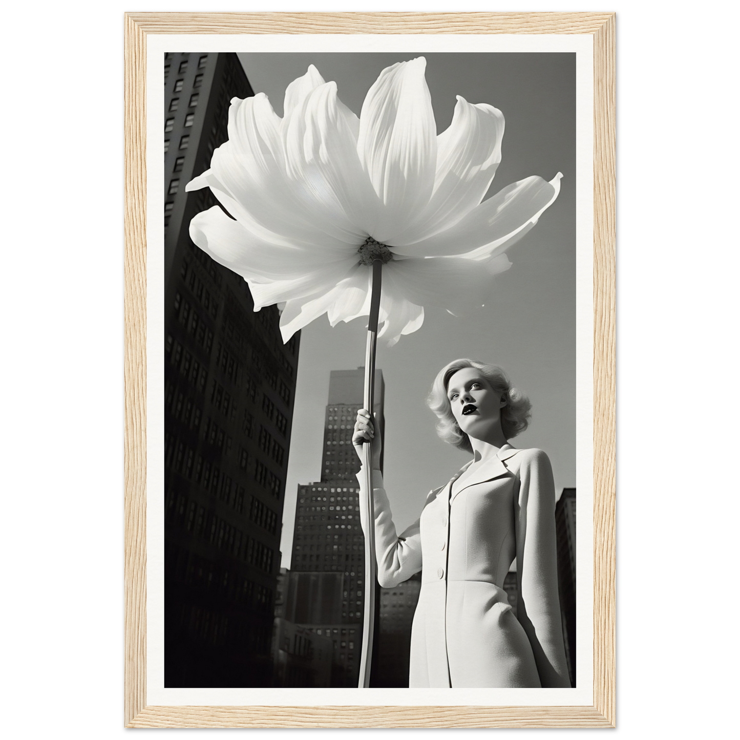 A woman holding a large white flower in front of a tall building