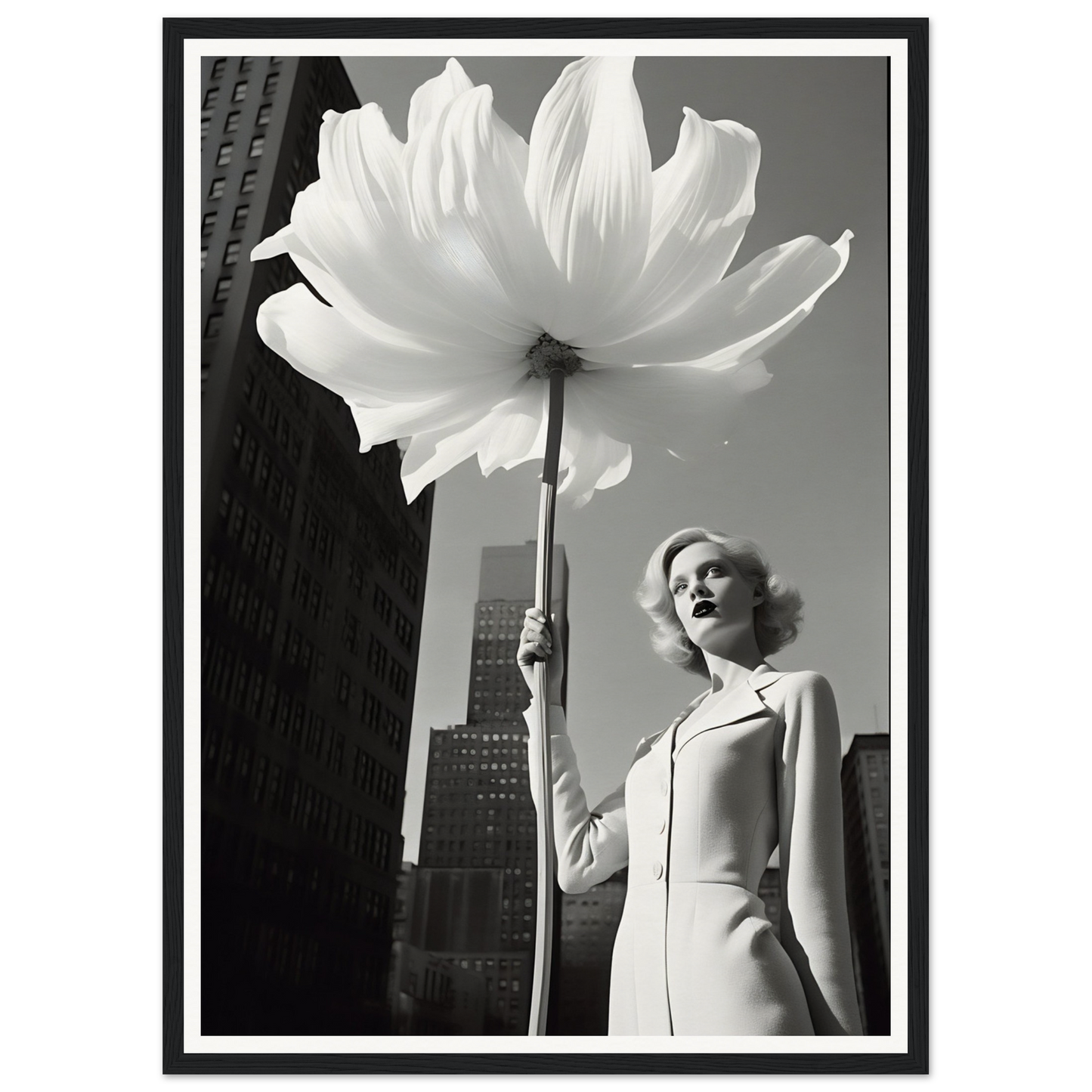 A woman holding a large white flower in front of a tall building