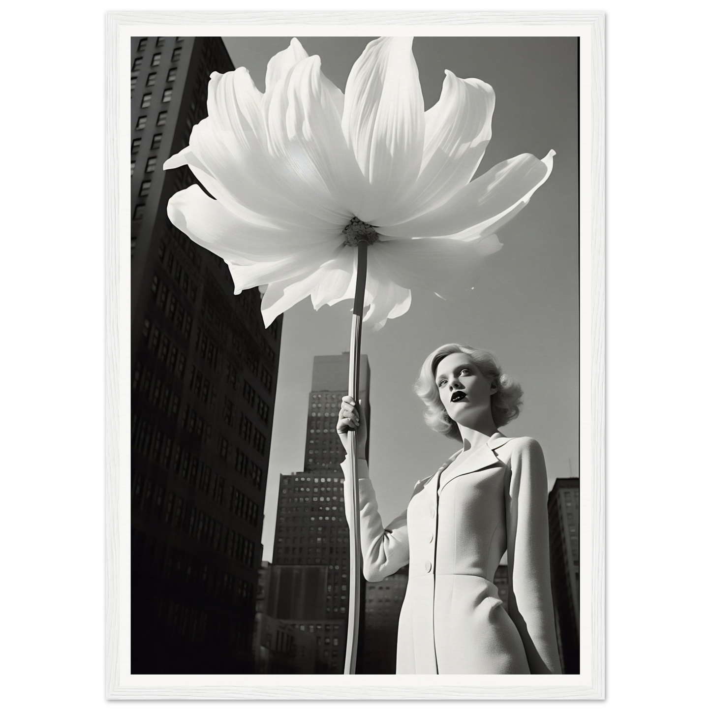 A woman holding a large white flower in her hand