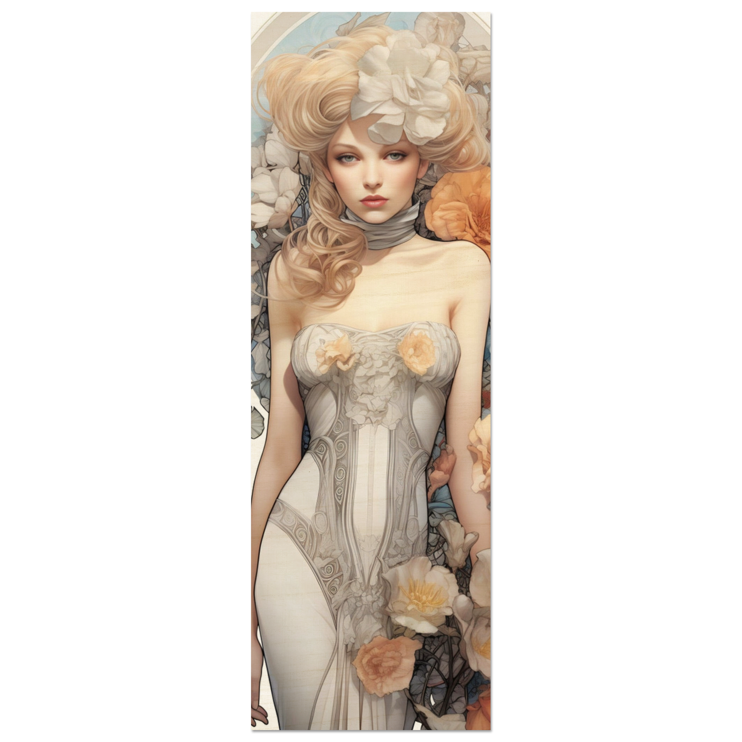 A woman with long blonde hair and a white dress