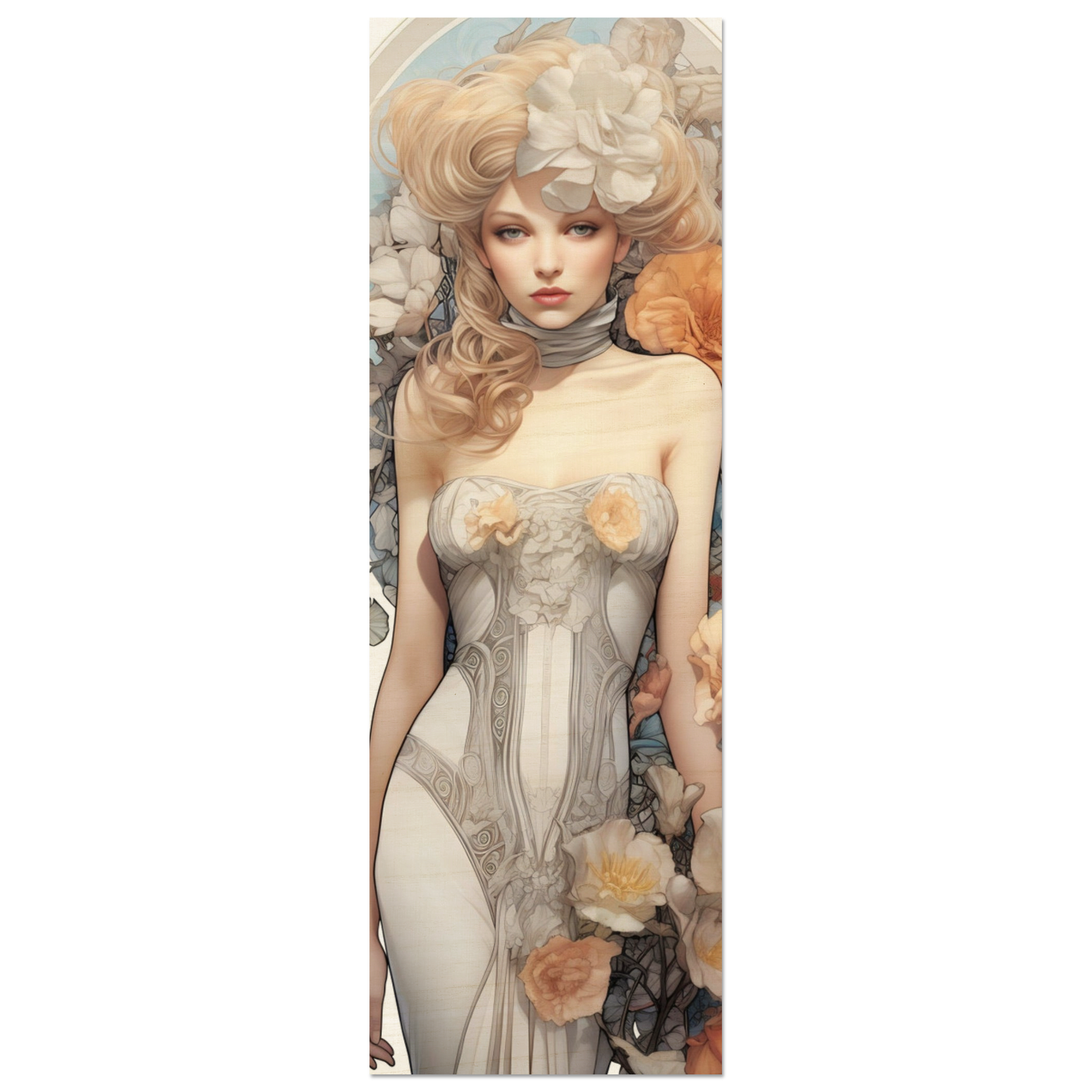A woman with long blonde hair and a white dress