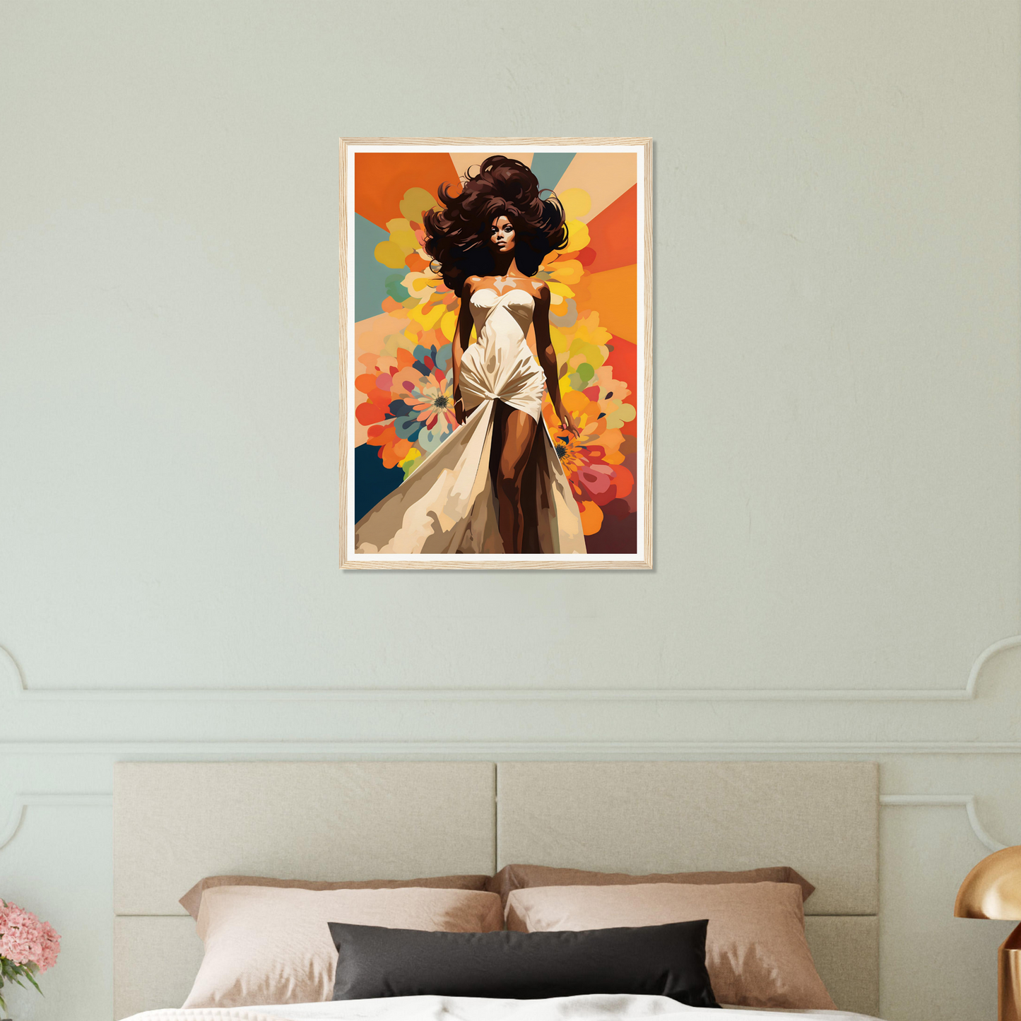 A woman with long hair in a white dress on a bed