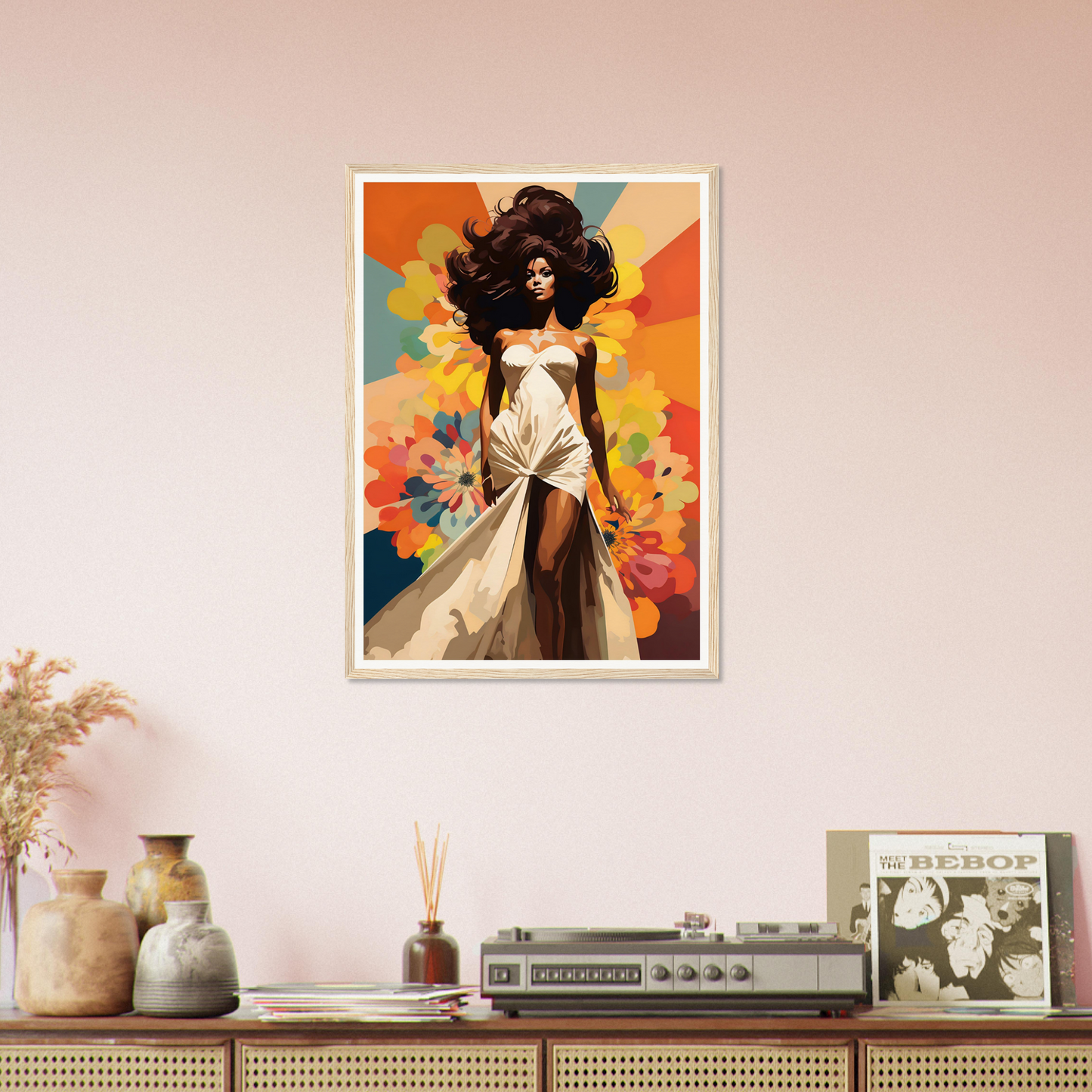 A woman with long hair in a white dress and a flower in her hair art print