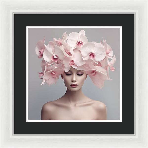 A woman with pink orchids in her hair