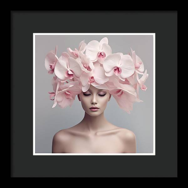 A woman with pink orchids on her head