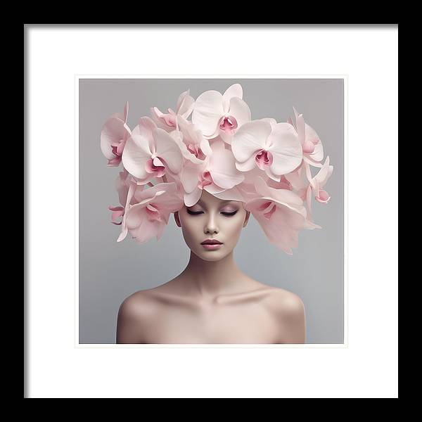 A woman with pink orchids on her head framed print