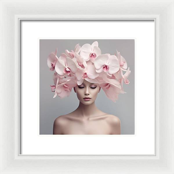 A woman with pink orchids on her head