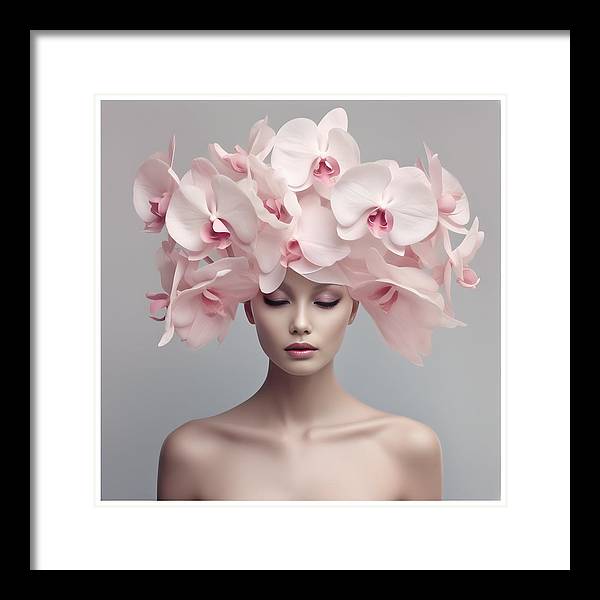 A woman with pink orchids on her head framed print