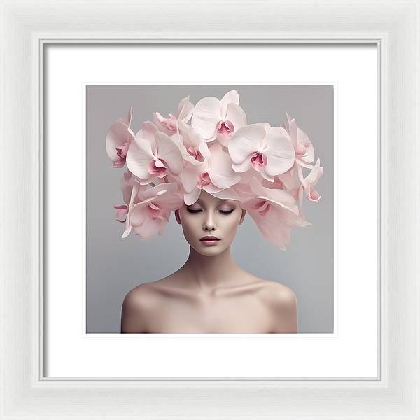 A woman with pink orchids on her head