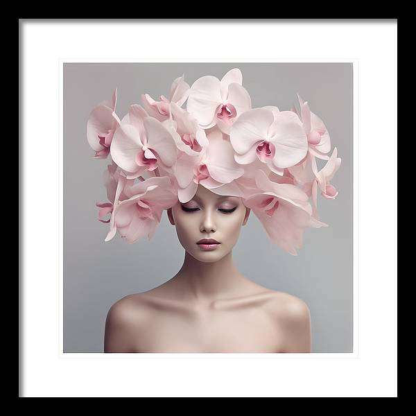 A woman with pink orchids on her head framed print