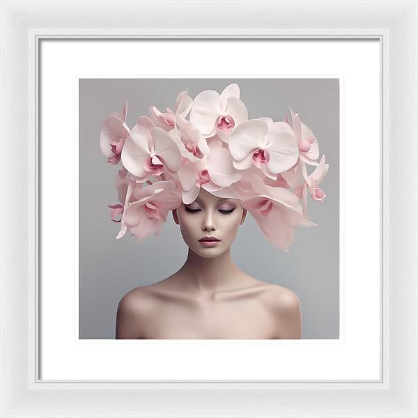 A woman with pink orchids on her head