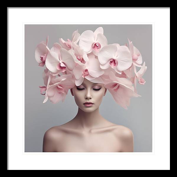 A woman with pink orchids on her head framed print