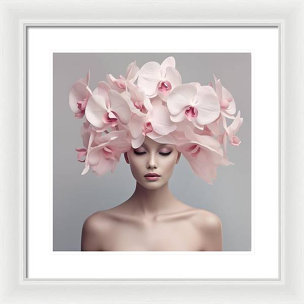 A woman with pink orchids on her head