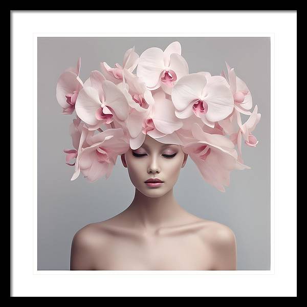 A woman with pink orchids on her head framed print