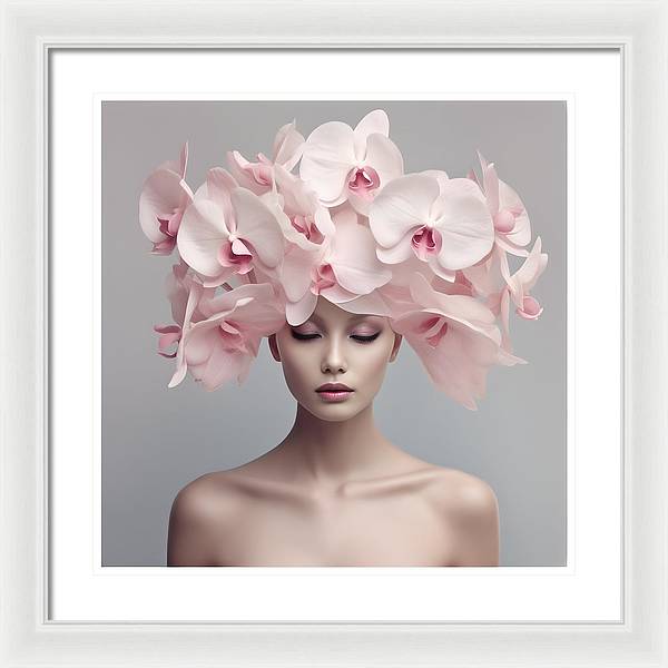 A woman with pink orchids on her head