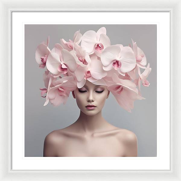 A woman with pink orchids on her head