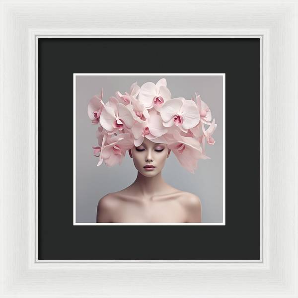 A woman with pink orchids on her head