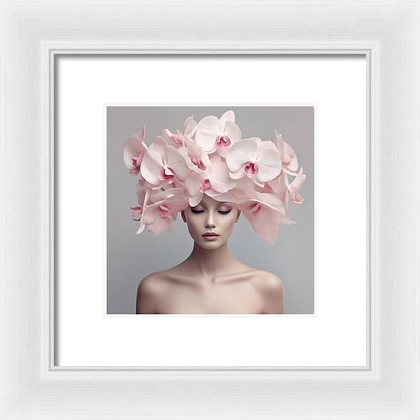 A woman with pink orchids on her head