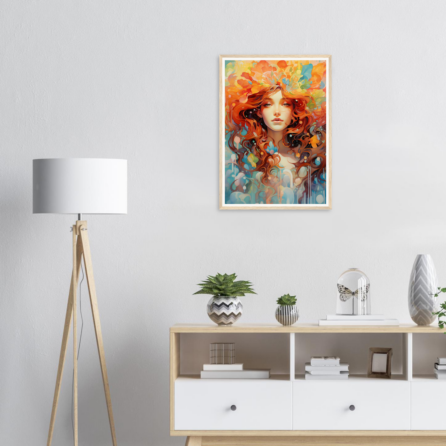 A woman with red hair and a flower in her hair is featured in a modern living room