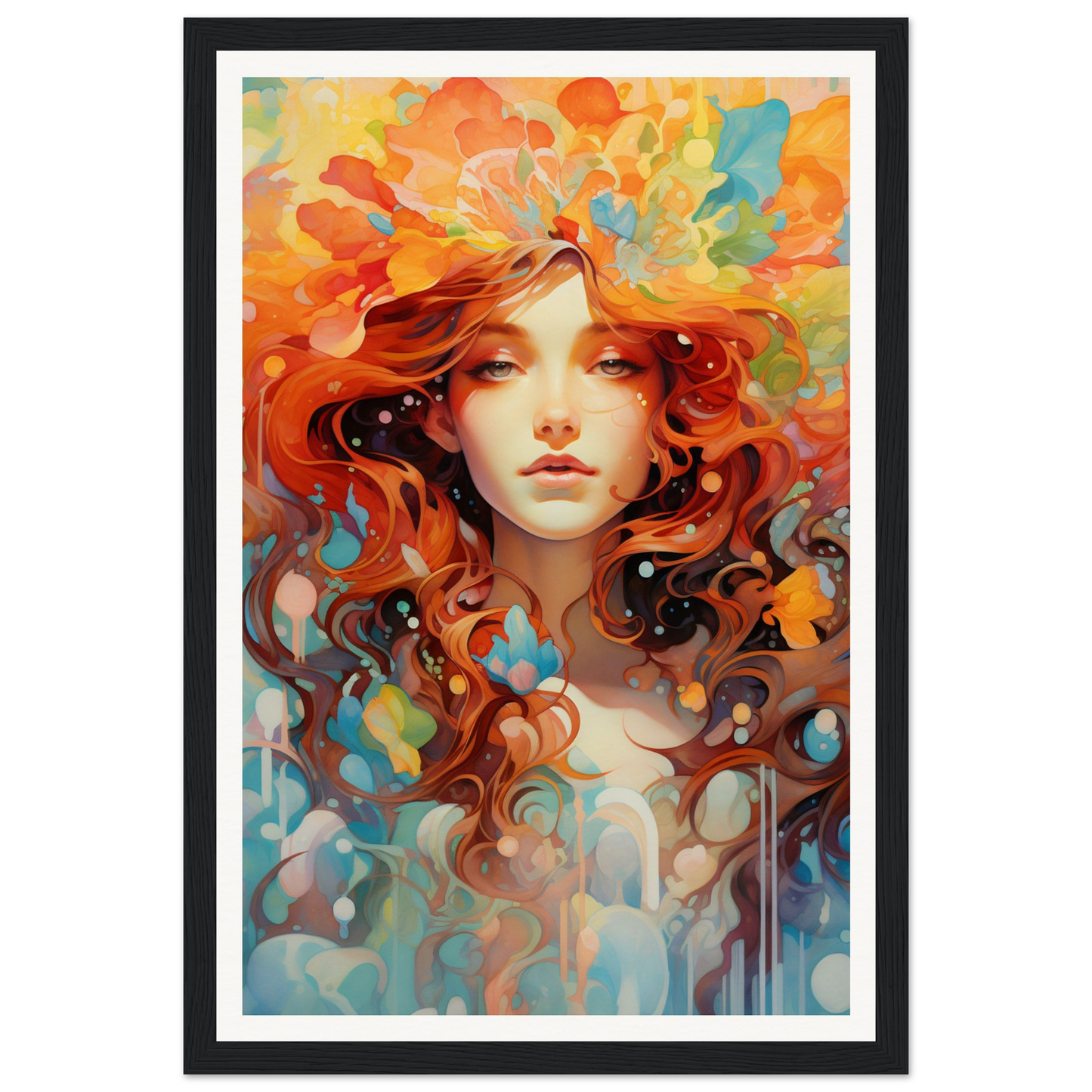 A woman with red hair and flowers in her hair, framed in black frame
