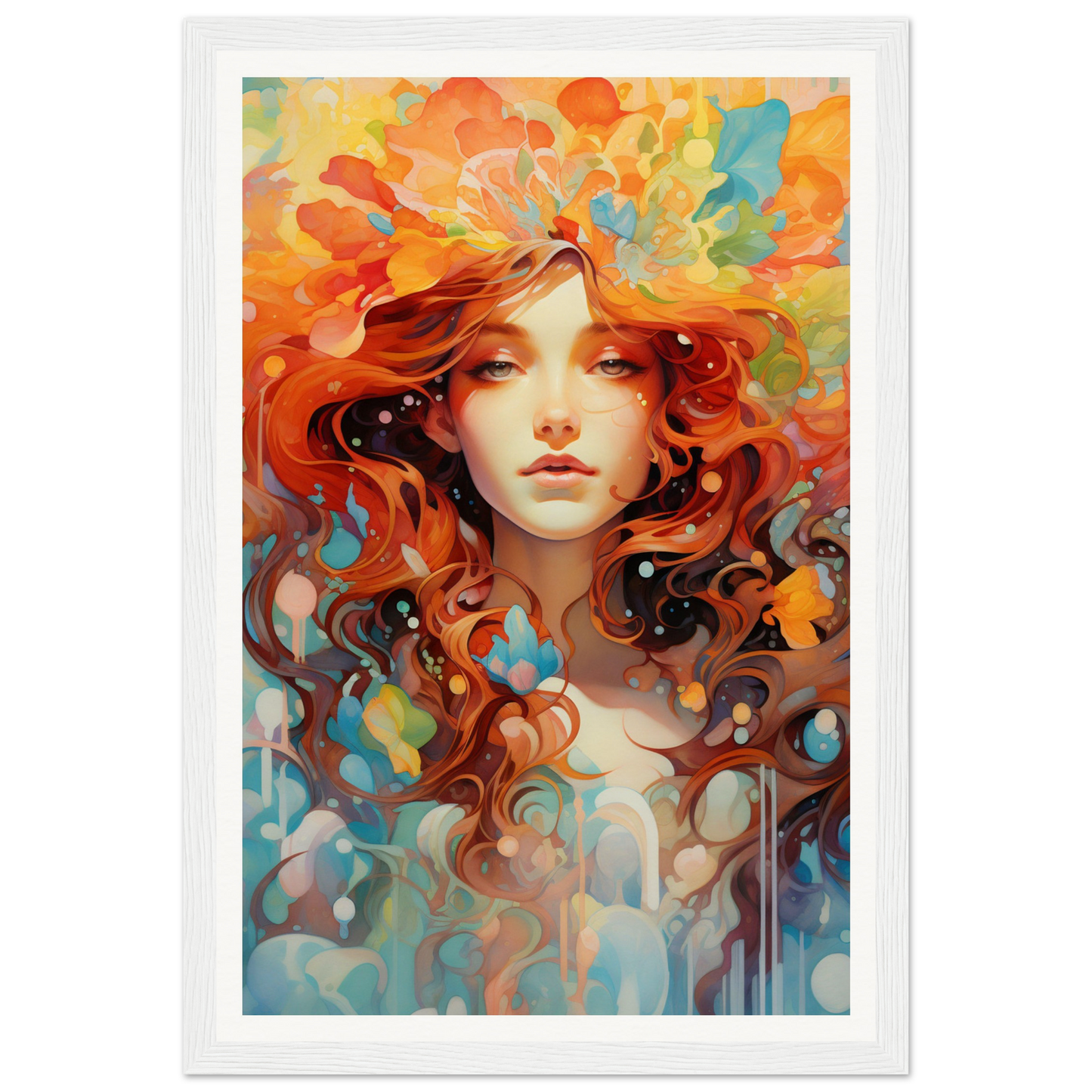 A woman with red hair and flowers in her hair, with a blue sky background