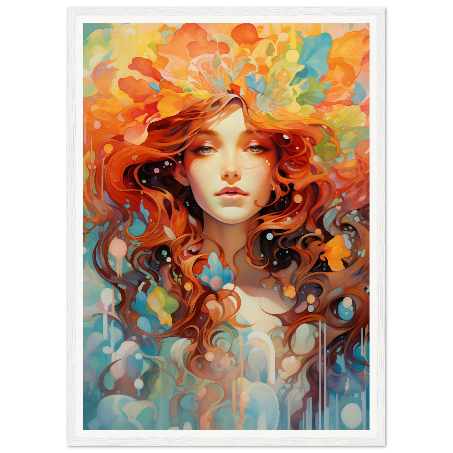 A woman with red hair and flowers in her hair, with a blue sky background