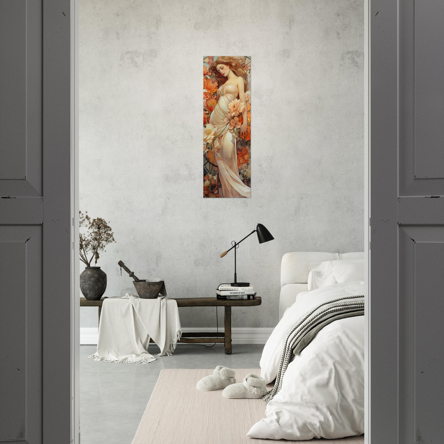 A woman in a white dress with a bouquet of flowers on her head canvas wall art print