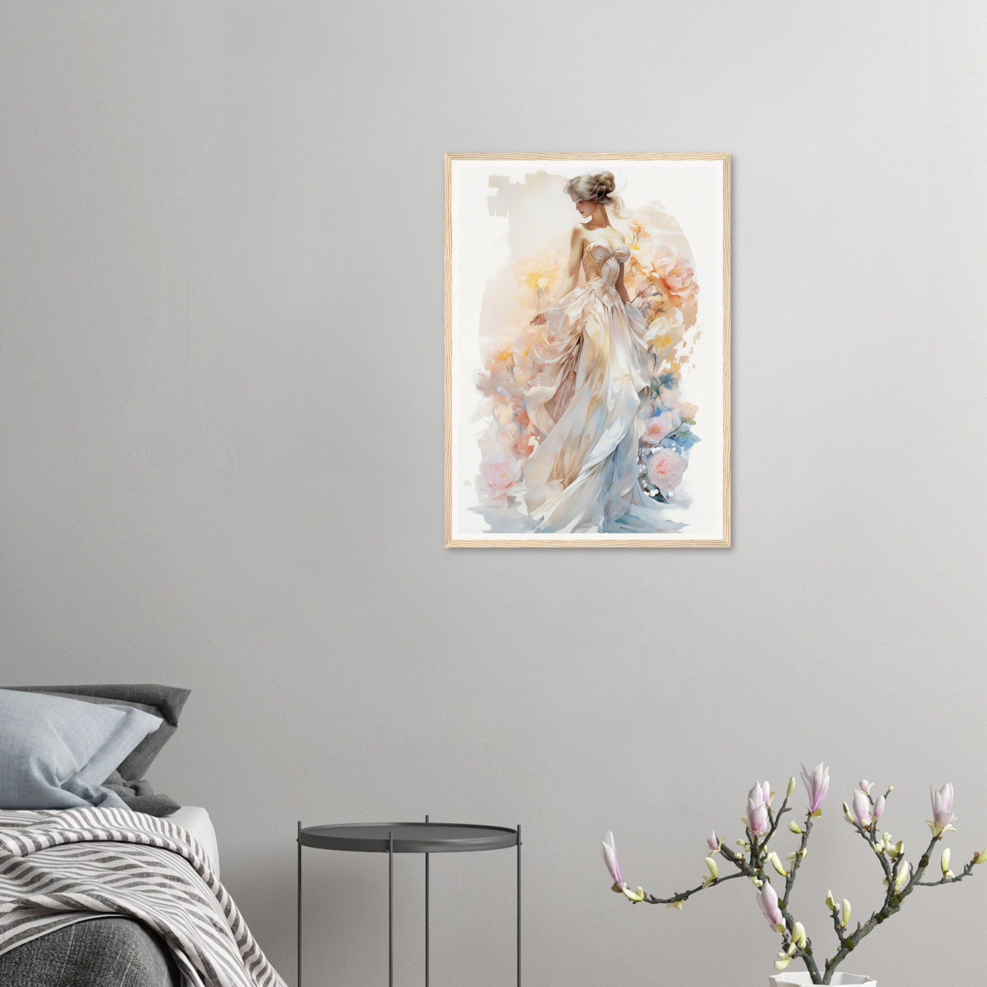 A woman in a white dress with a bouquet of flowers on her head framed in a room