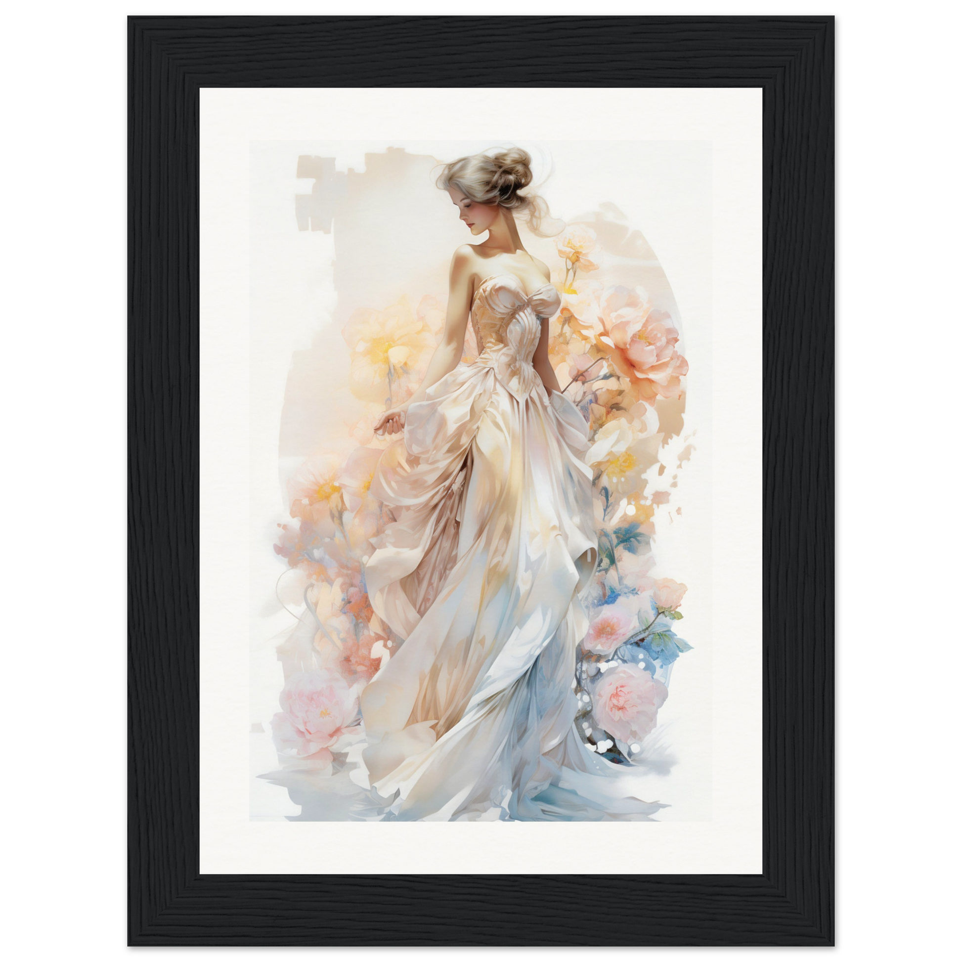 A woman in a white dress with flowers in her hair, framed art print