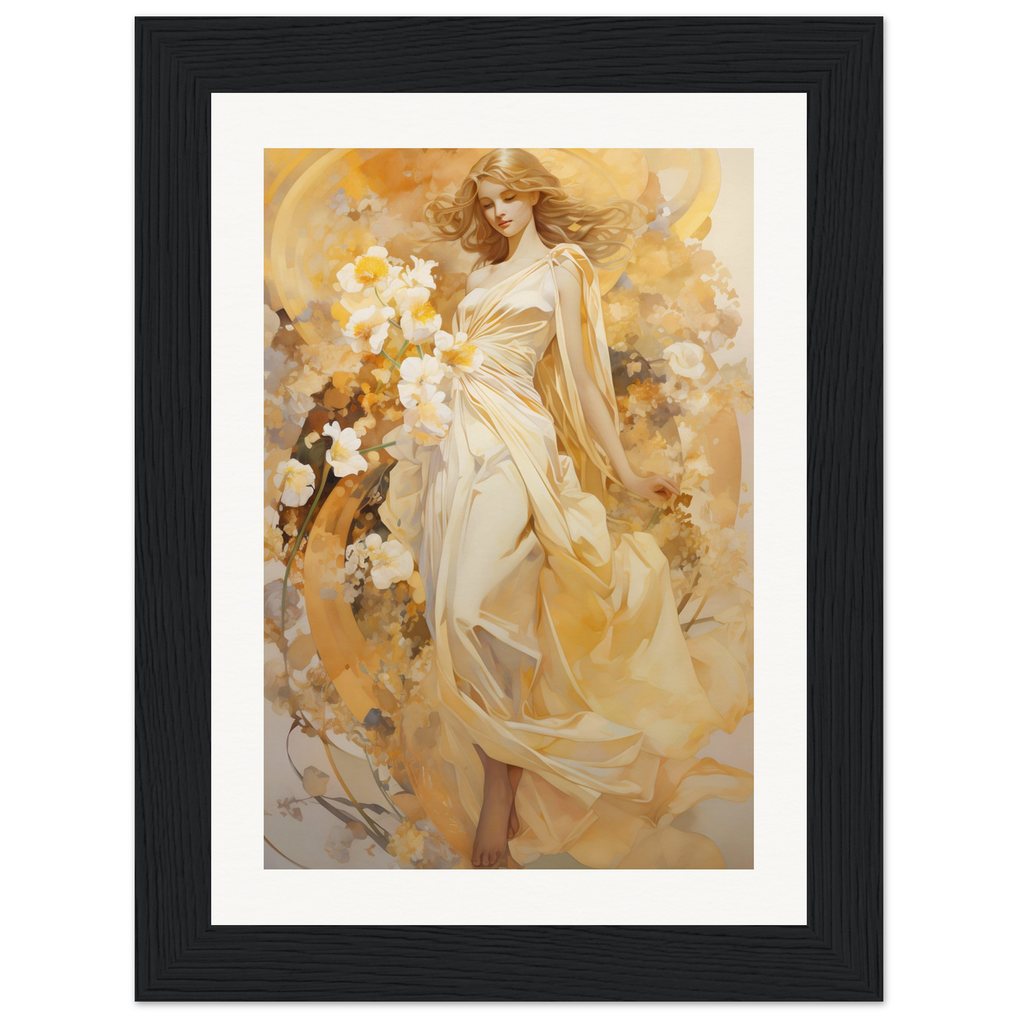 A woman in a white dress with flowers in her hair, framed in black frame