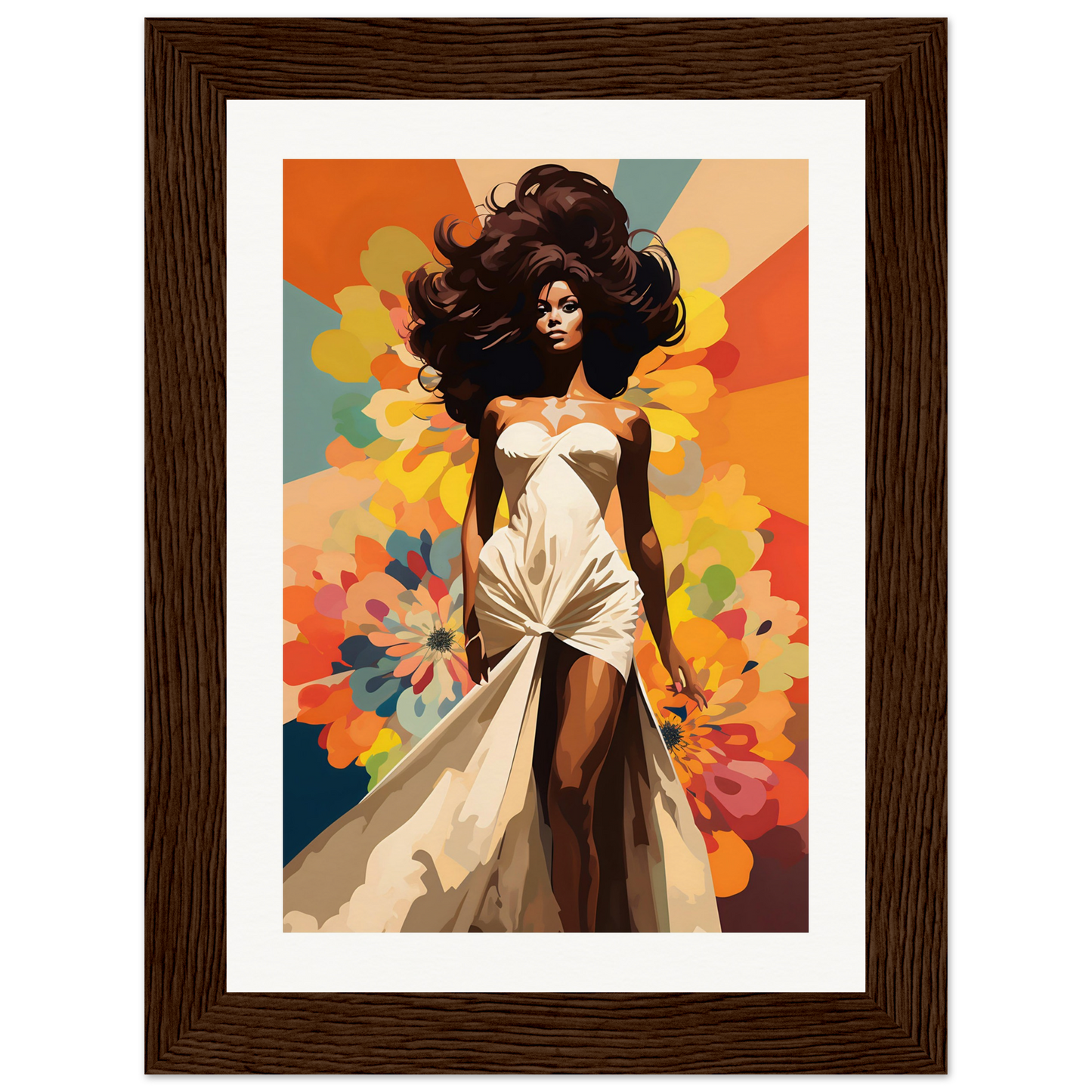 A woman in a white dress with flowers in the background