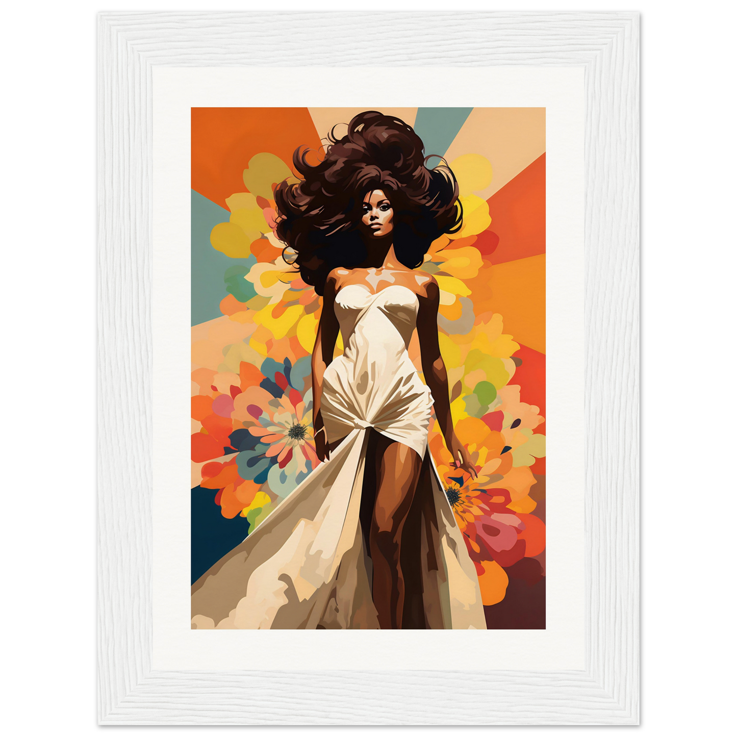 A woman in a white dress with flowers in the background