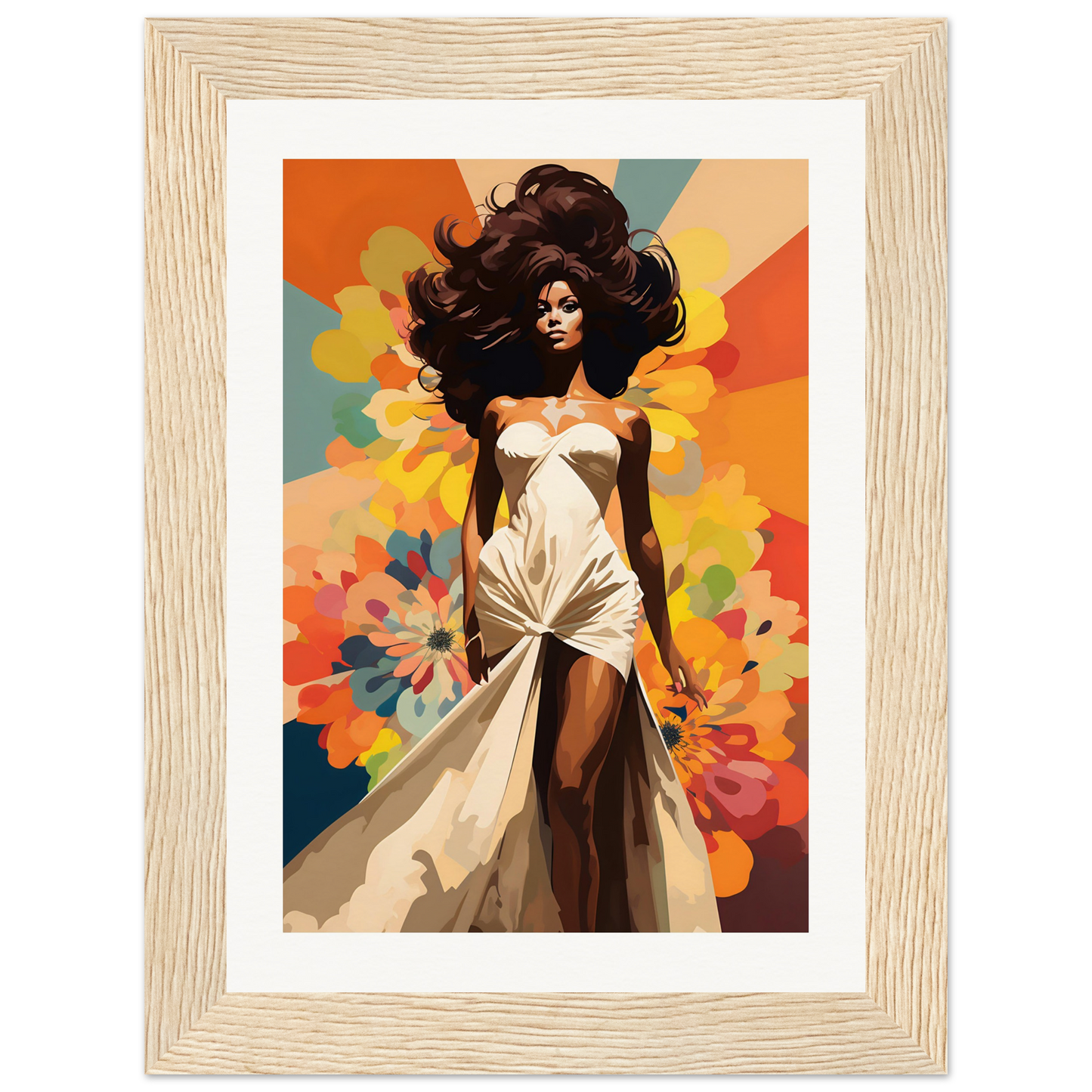 A woman in a white dress with flowers in the background