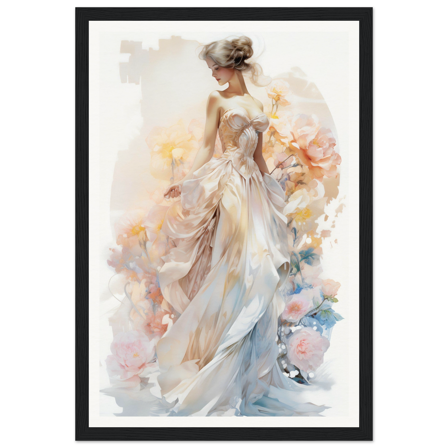 A woman in a white dress with flowers on her head