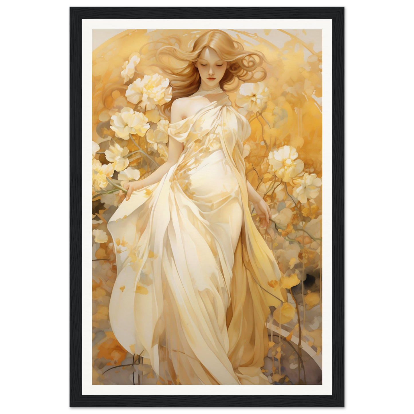 A woman in a white dress with flowers in her hair