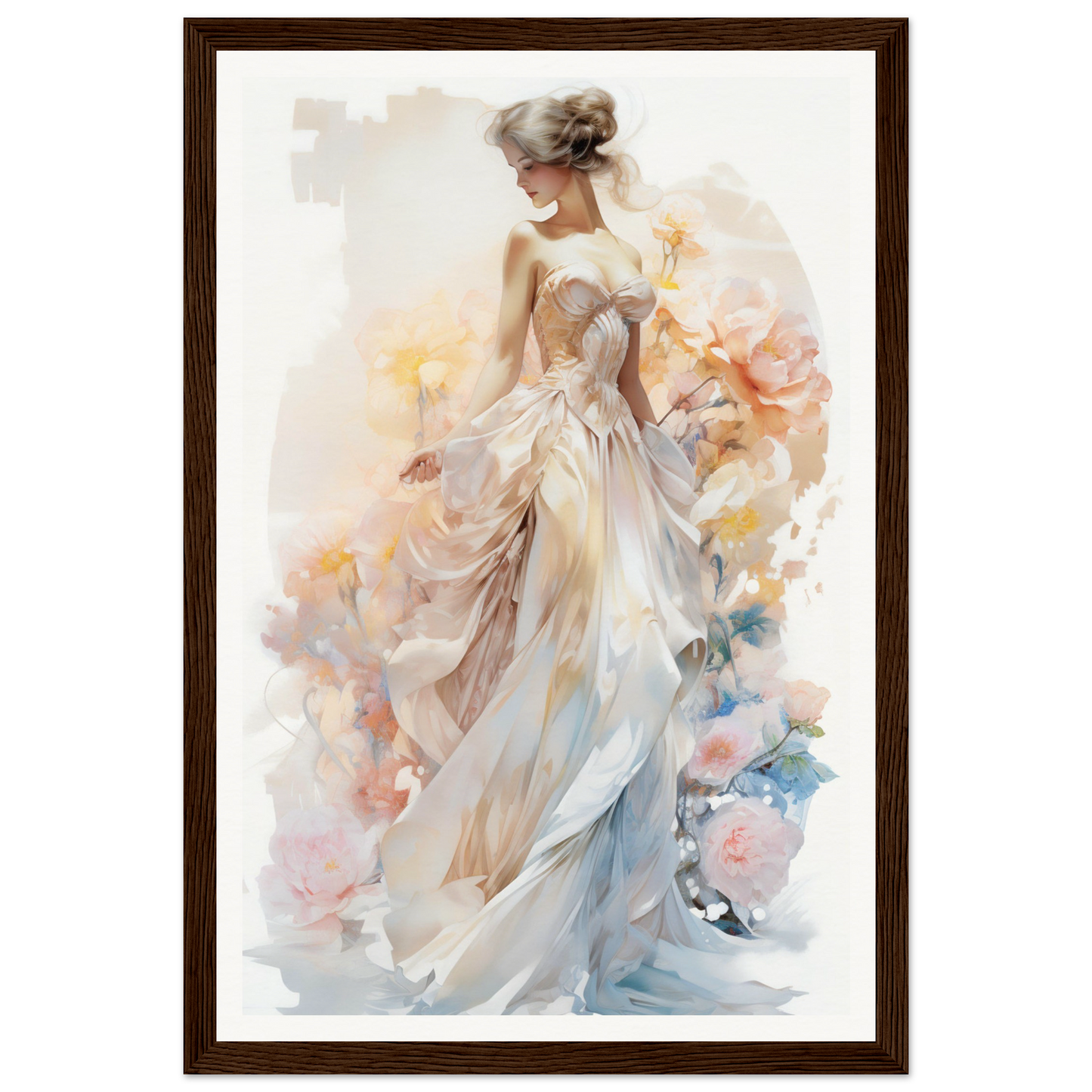 A woman in a white dress with flowers on the background