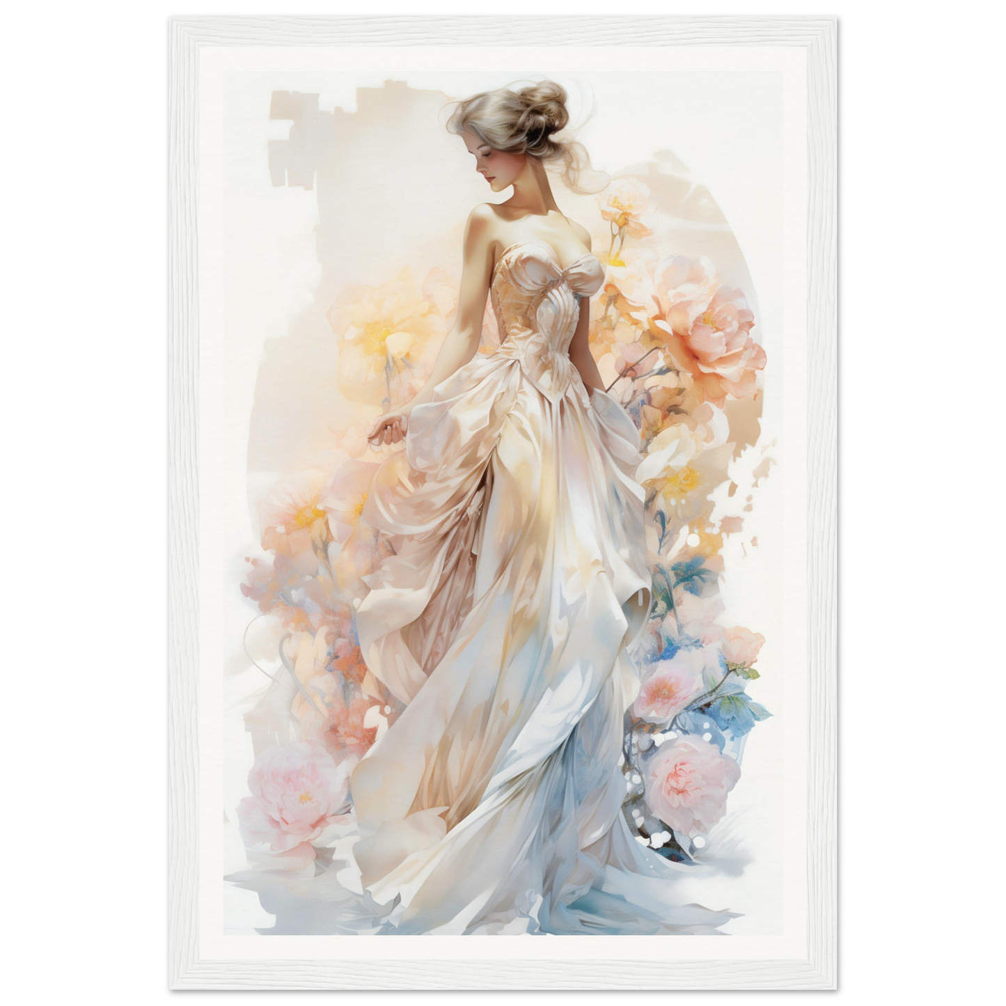 A woman in a white dress with flowers