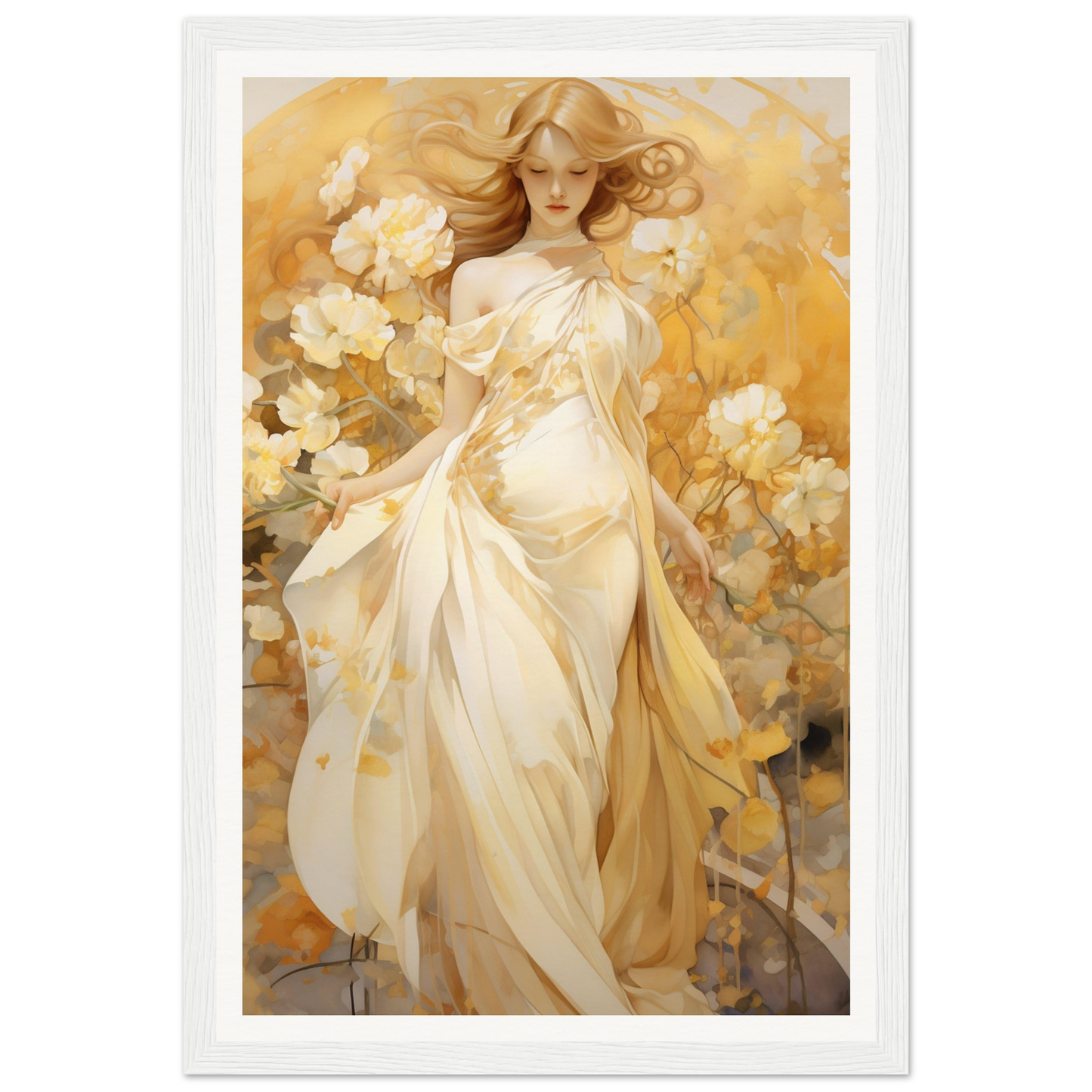 A woman in a white dress with flowers