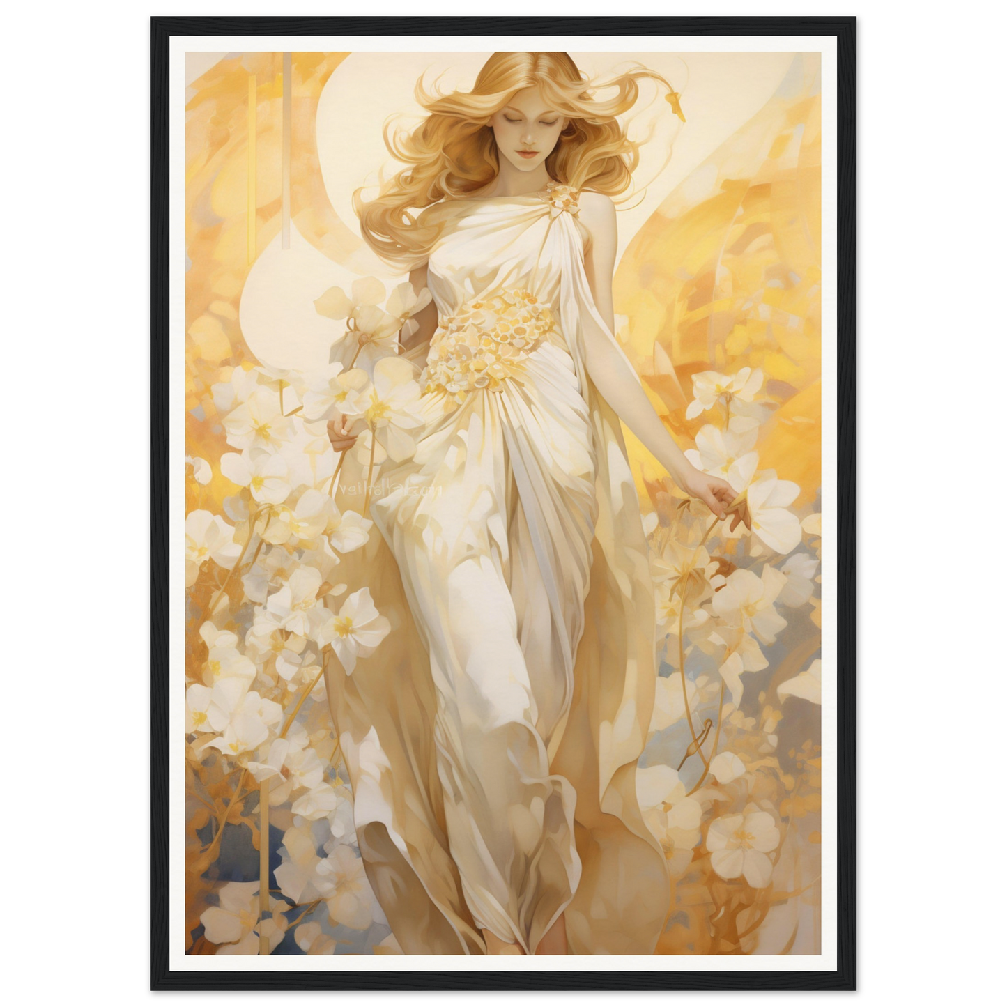 A woman in a white dress with flowers in her hair