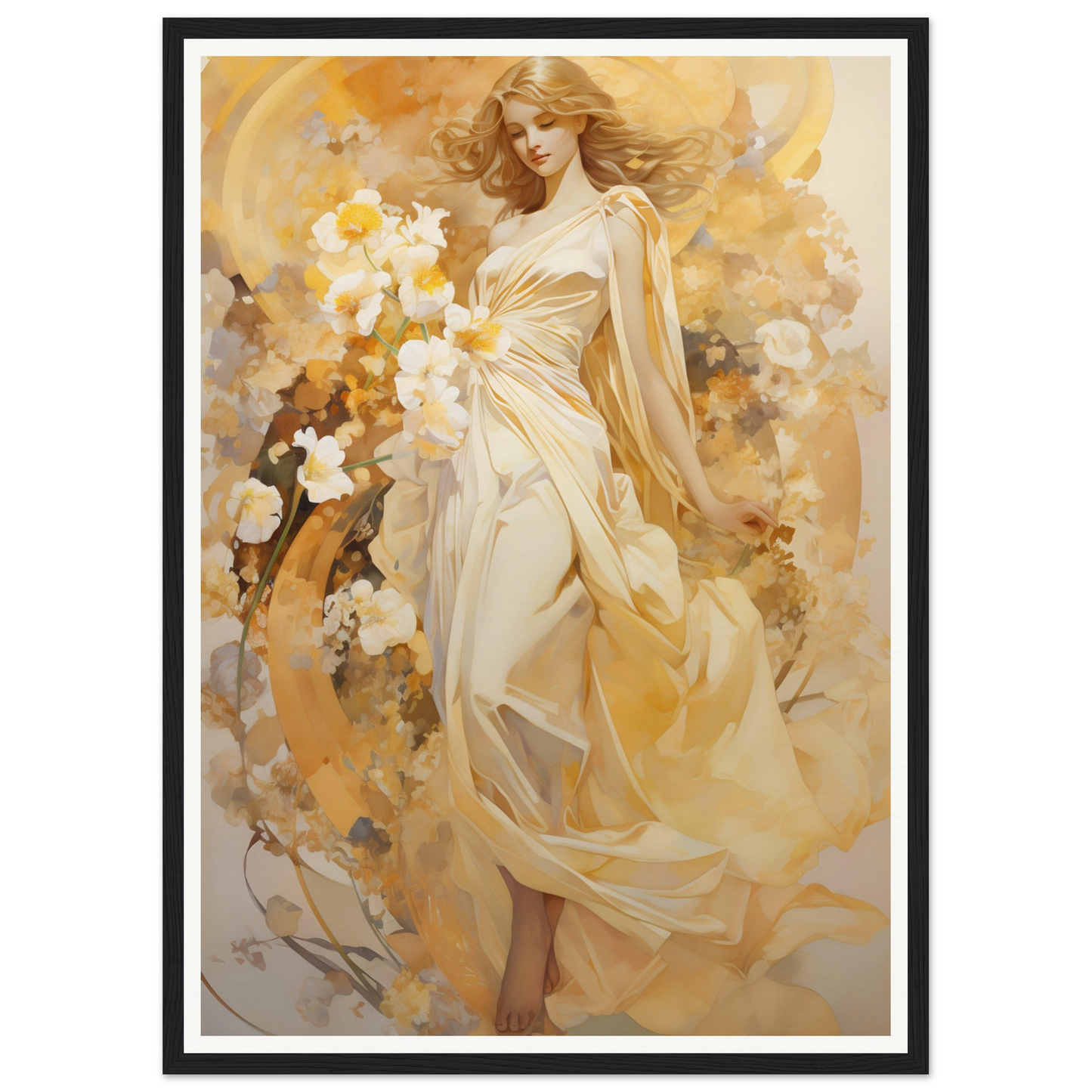 A woman in a white dress with flowers in her hair, framed print