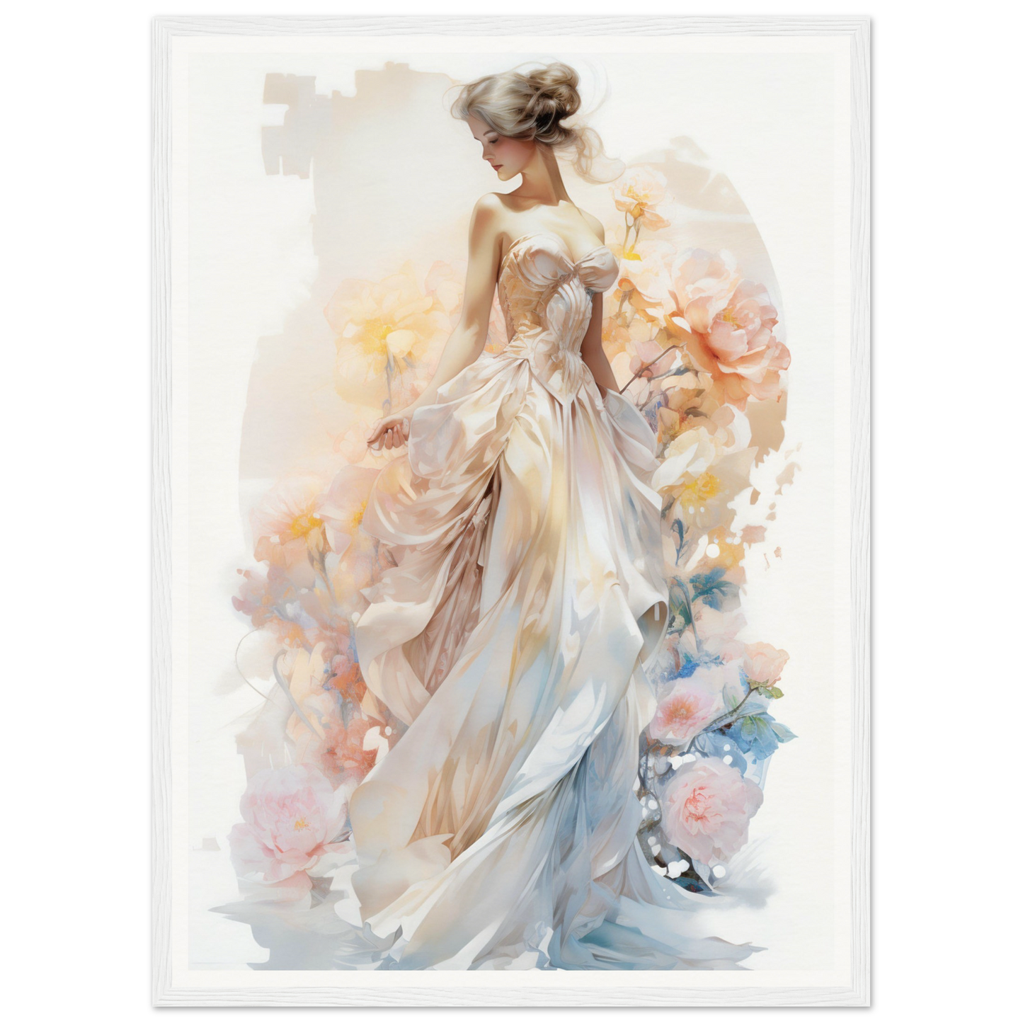 A woman in a white dress with flowers on her head