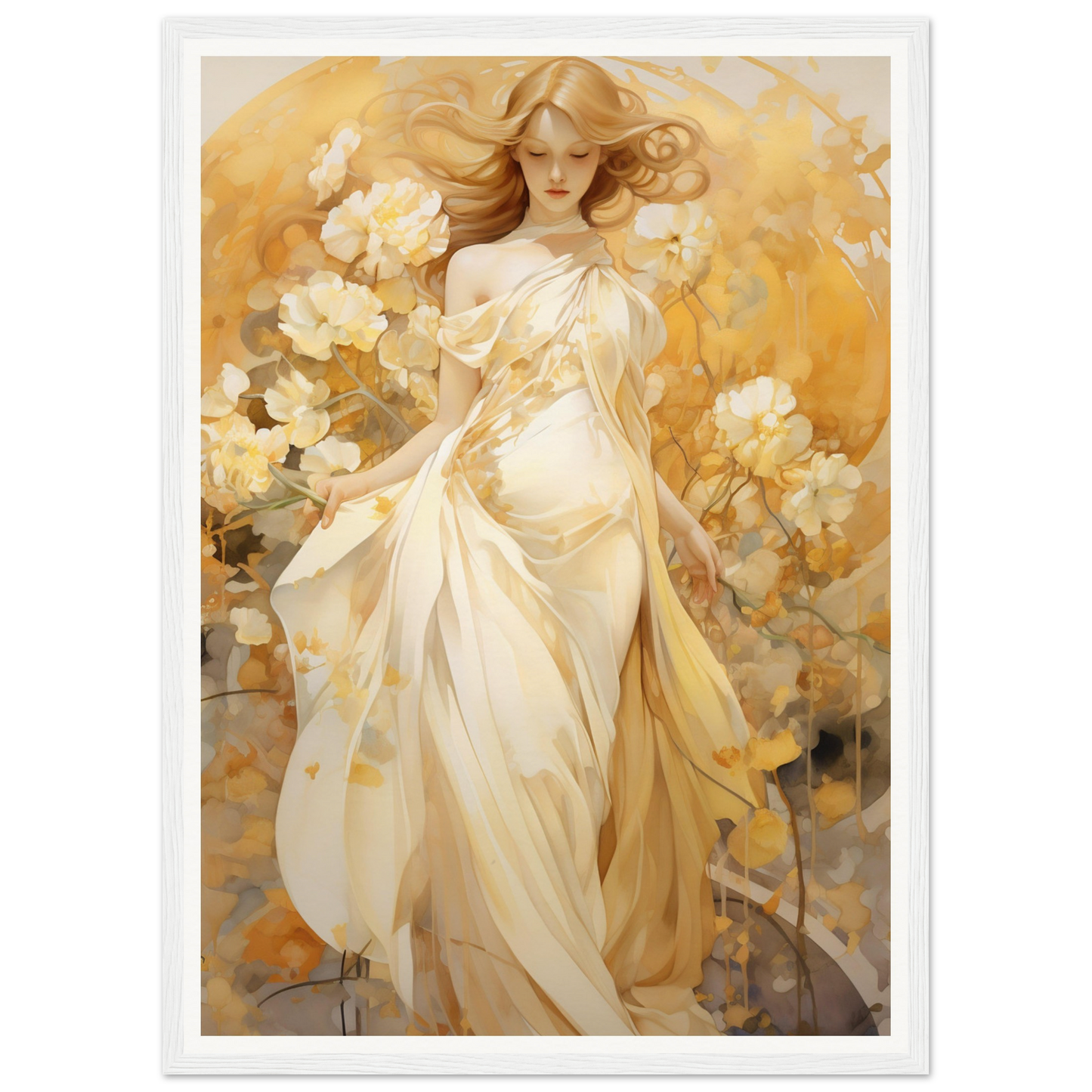 A woman in a white dress with flowers