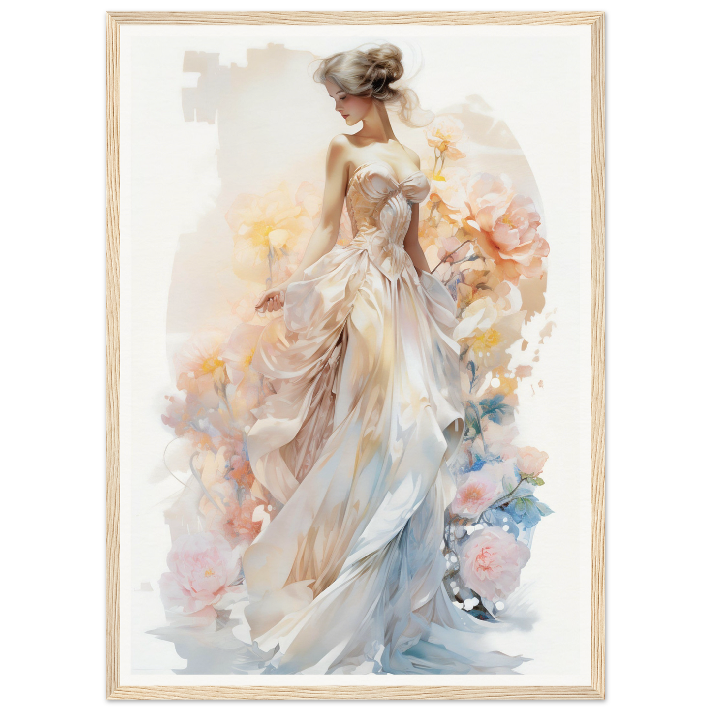 A woman in a white dress with flowers on her head