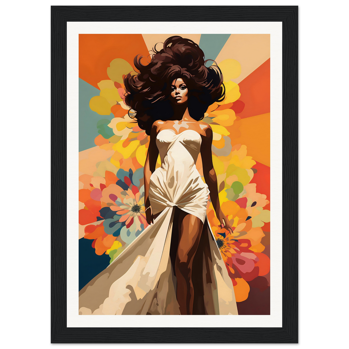 A woman in a white dress with flowers in the background