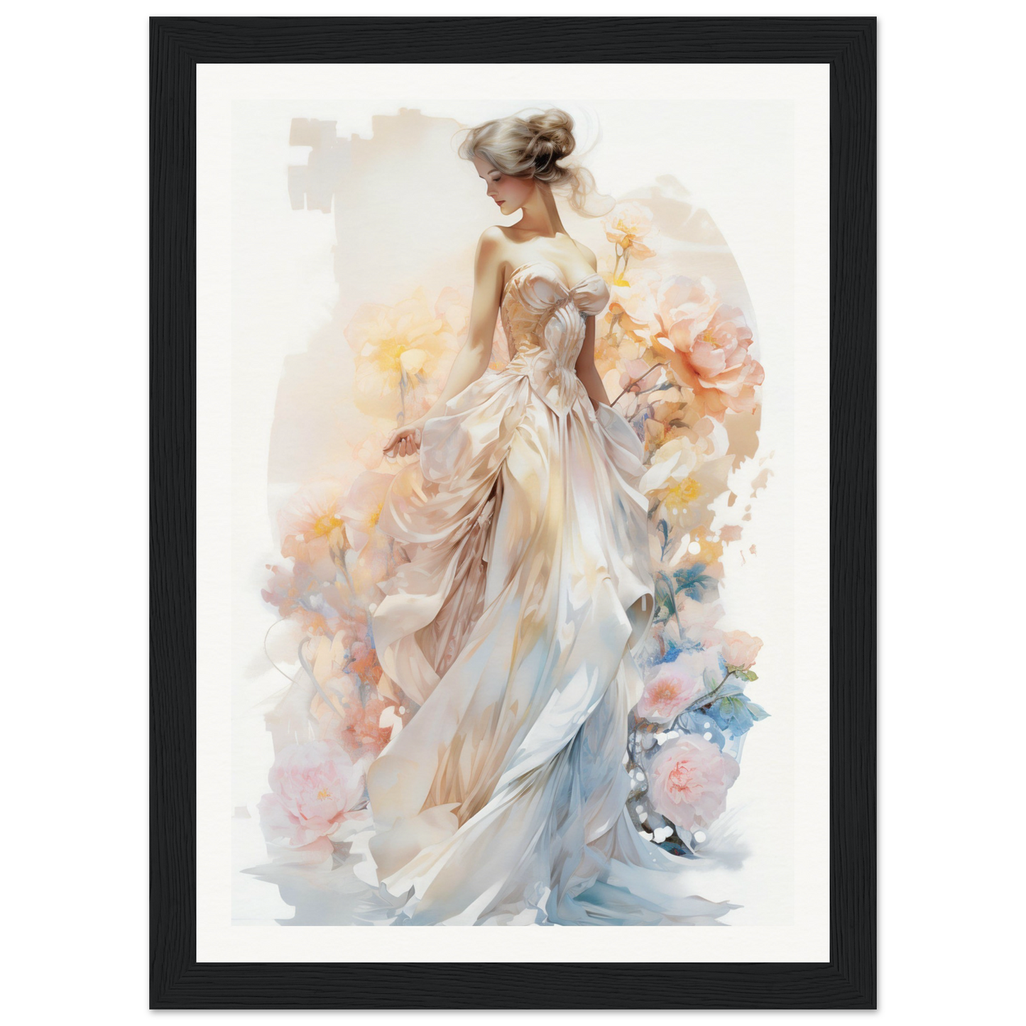 A woman in a white dress with flowers in her hair, framed print