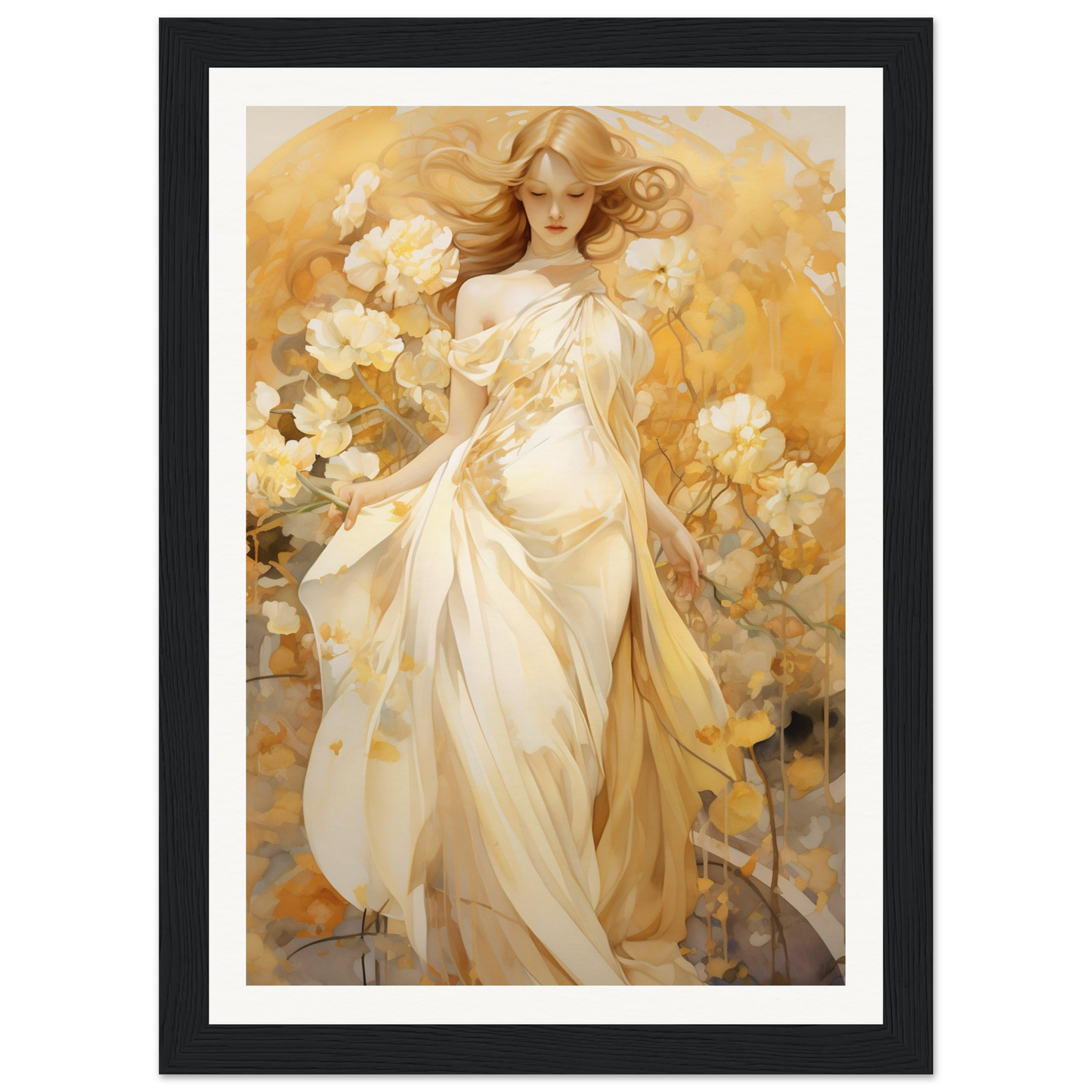 A woman in a white dress with flowers in her hair