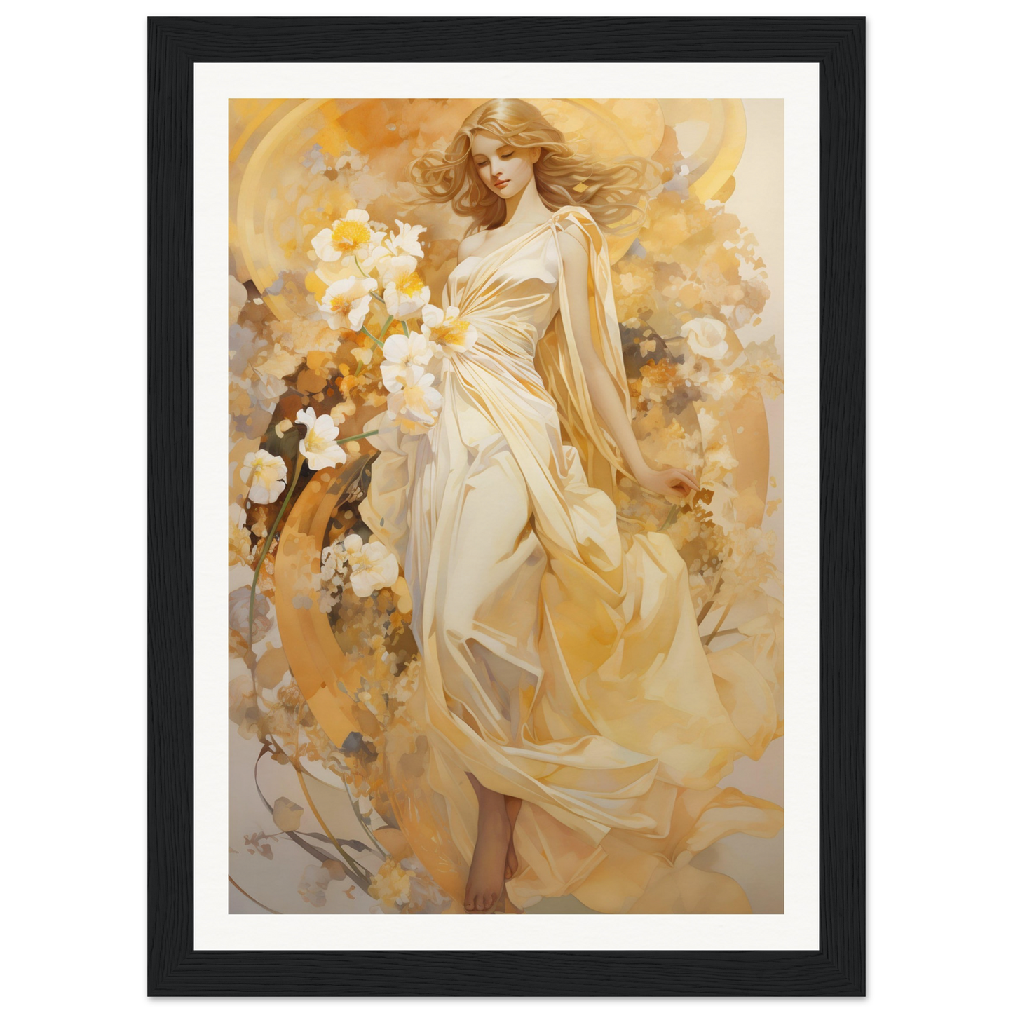 A woman in a white dress with flowers framed print